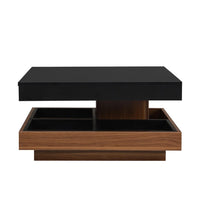 Modern 2-Tier Square Coffee Table with 360° Rotating Top, Wood Accent Cocktail Table with Detachable Tray