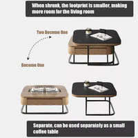 Nordic-Inspired Adjustable Square Coffee Table | Compact Size Coffee Table with Fire-Burnt Stone Glass Top & Dual Pull-Out Storage Drawers | Modern Minimalist Design for Small Spaces | Durable A3 Carbon Steel Frame