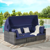 5-Piece Gray Wicker Outdoor Day Bed with Cushions, Retractable Canopy, Storable Side Table,outdoors dining
