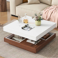Modern 2-Tier Square Coffee Table with 360° Rotating Top, Wood Accent Cocktail Table with Detachable Tray