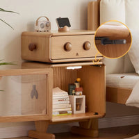 1 Shelf Timber Kids Nightstand with Built-in Outlet, Robot Night Side Table Lights, Cabinets, Cupboard, Compartment, Wood Color