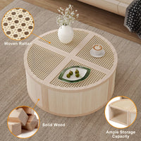 Round to Square Block Modular Coffee Table, Rattan Coffee Table with Storage 4 Pieces, Light Natural