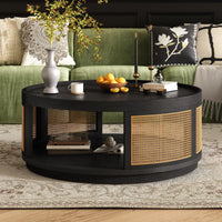 36.8'' Round Coffee Table, Modern Wooden Center Tables with PE Rattan Side, Mid-Century Retro Farmhouse Style Circle 2-Tier for Living Room,Bedroom