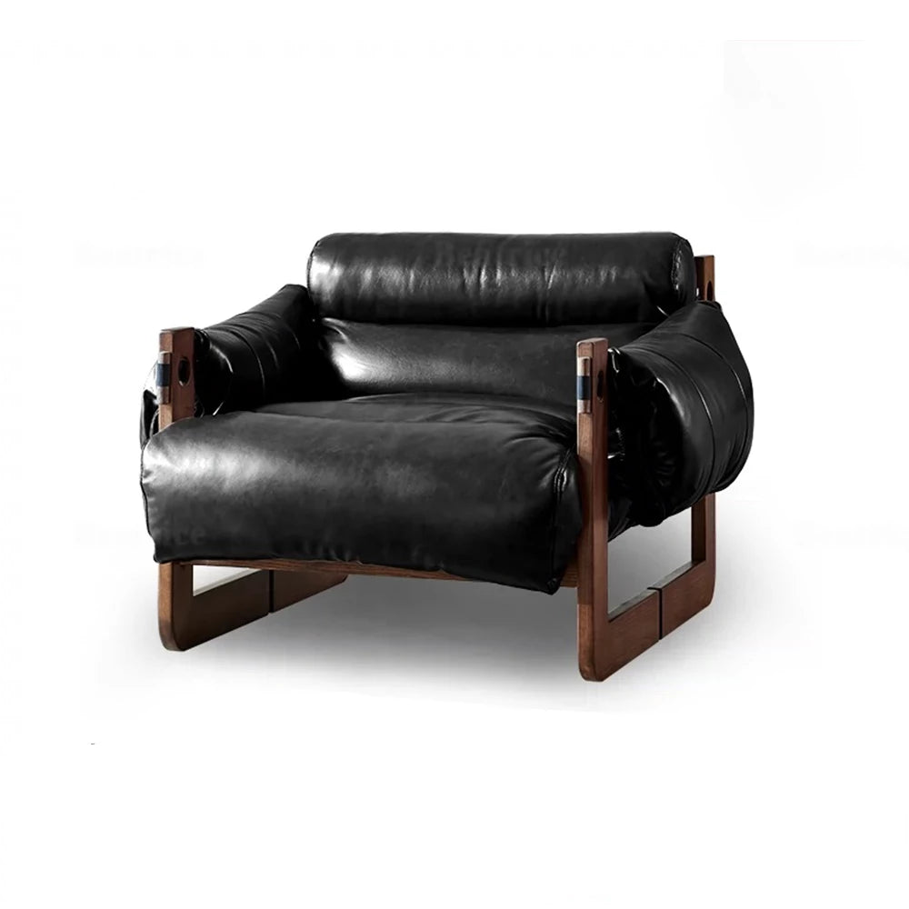 Single Leather Sofa Leisure Chair Solid Wood Design Home Balcony Recliner