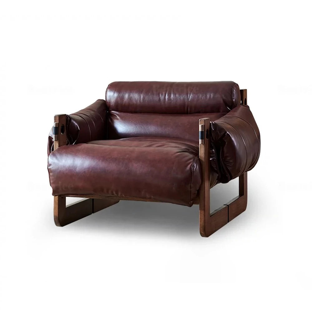 Single Leather Sofa Leisure Chair Solid Wood Design Home Balcony Recliner