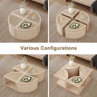 Round to Square Block Modular Coffee Table, Rattan Coffee Table with Storage 4 Pieces, Light Natural