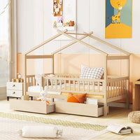 Twin Size Wooden House Bed with Two Drawers, Natural,Mattress not included