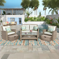 4-Piece All-Weather Wicker Patio Sofa Set with Ottoman and Cushions - Perfect for Outdoor Conversations