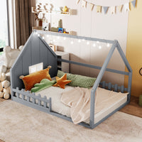 Full Size Wood House Bed with Window and Fence, Gray