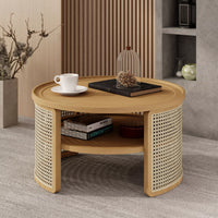 Round Rattan Coffee Table with Storage, Modern 2-Tier Wood Coffee Table with Storage Rattan Base, 31.3" Center Table for Apartment, Living Room, Home Office