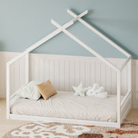 kids bed for Kids,Floor Bed Frame with Headboard and Footboard,Wooden Fence Bed for Girls,Boys,Easy Assembly, Slat Not Included, White