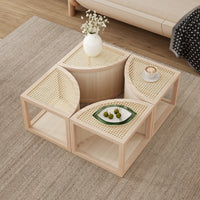 Round to Square Block Modular Coffee Table, Rattan Coffee Table with Storage 4 Pieces, Light Natural