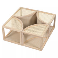 Round to Square Block Modular Coffee Table, Rattan Coffee Table with Storage 4 Pieces, Light Natural