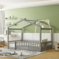 Full Size Wood Bed House Bed Frame with Fence, for Kids, Teens, Girls, Boys,Gray No mattress