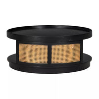 36.8'' Round Coffee Table, Modern Wooden Center Tables with PE Rattan Side, Mid-Century Retro Farmhouse Style Circle 2-Tier for Living Room,Bedroom