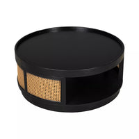 36.8'' Round Coffee Table, Modern Wooden Center Tables with PE Rattan Side, Mid-Century Retro Farmhouse Style Circle 2-Tier for Living Room,Bedroom