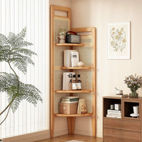Retro Solid Wood Triangular Corner Bookshelf with Woven Rattan