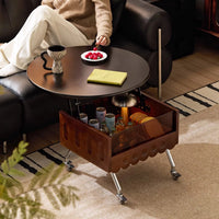 Round Lift Top Coffee Table with Storage and Wheels, Adjustable Height Solid Wood Living Room Table