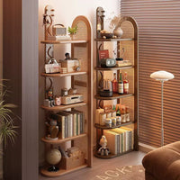 Solid Wood Rattan Corner Bookshelf, 5-Tier Corner Shelf Storage Rack, Freestanding Narrow Bookcase Display Organizer for Living Room Bedroom Small Spaces