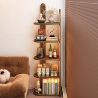 Solid Wood Rattan Corner Bookshelf, 5-Tier Corner Shelf Storage Rack, Freestanding Narrow Bookcase Display Organizer for Living Room Bedroom Small Spaces