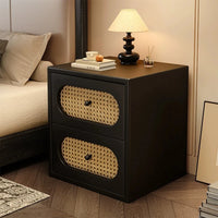 Mid-Century Modern Solid Wood Nightstand (with Natural Rattan Drawers)