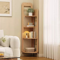 Vintage Solid Wood Rattan Corner Shelf, Freestanding Right Angle Storage Rack, Tall Corner Bookshelf Display Organizer for Living Room Bedroom Office