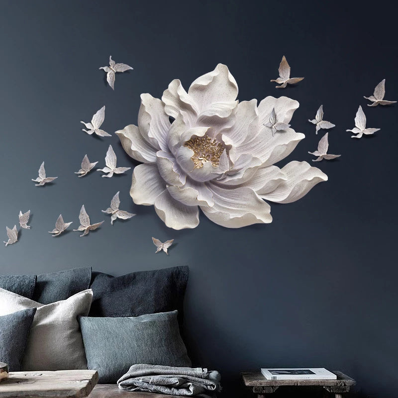 3D Flower Wall Decor Butterfly Resin Wall Decor，Giant Flower with Birds Wall Art