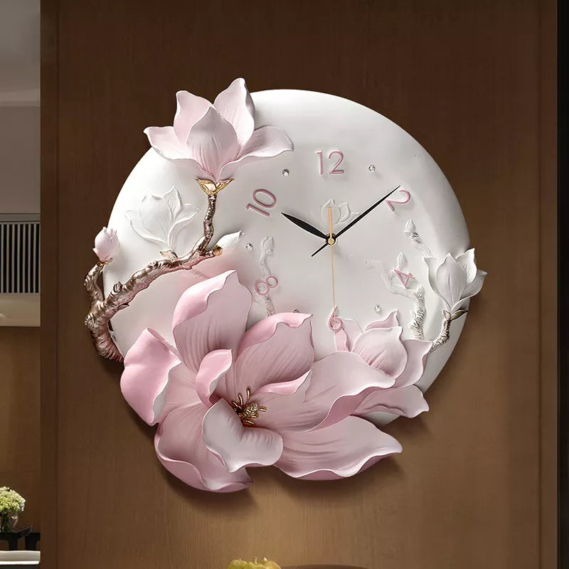 Large floral Wall Clock 17 inch Eco-friendly Resin Design Non-Ticking Silent Art Digital Wall Clocks for Living Room Decor