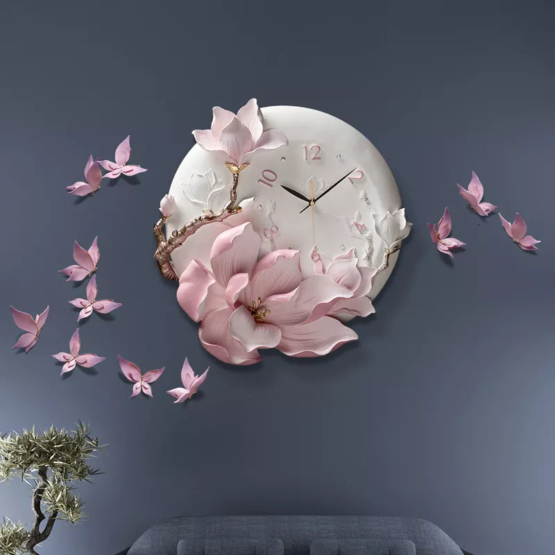 Large floral Wall Clock 17 inch Eco-friendly Resin Design Non-Ticking Silent Art Digital Wall Clocks for Living Room Decor