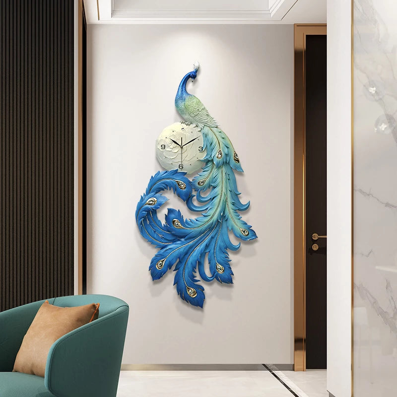 Peacock Wall Clock Resin 3D Home Living Room Decoration Silent Clock