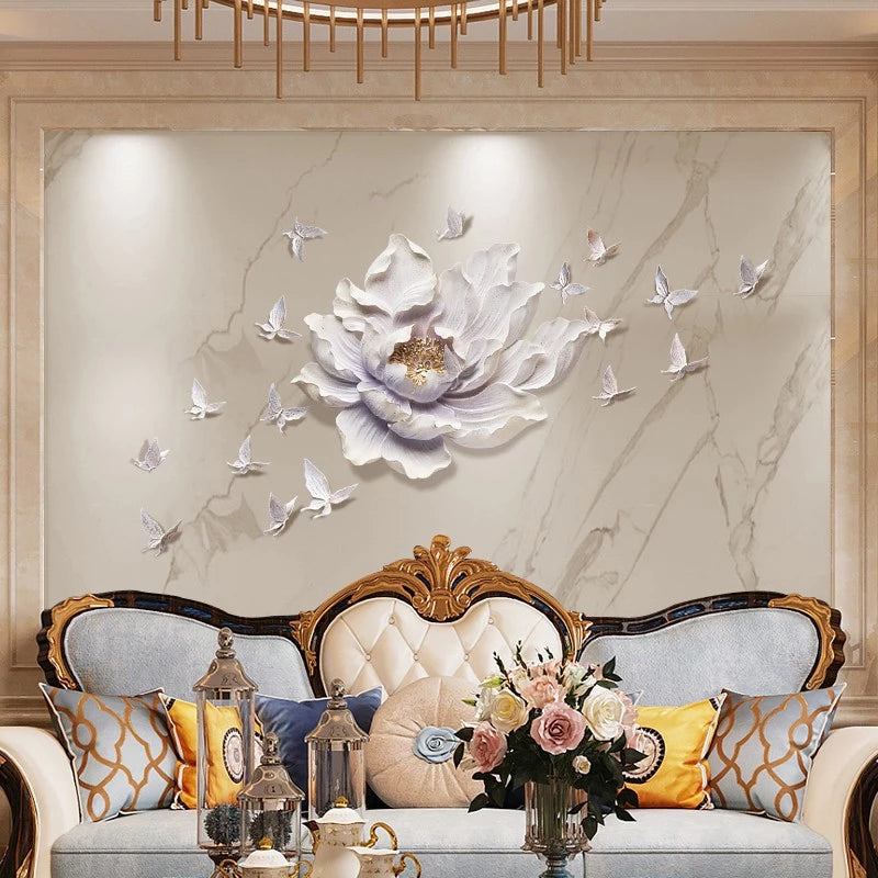 3D Flower Wall Decor Butterfly Resin Wall Decor，Giant Flower with Birds Wall Art