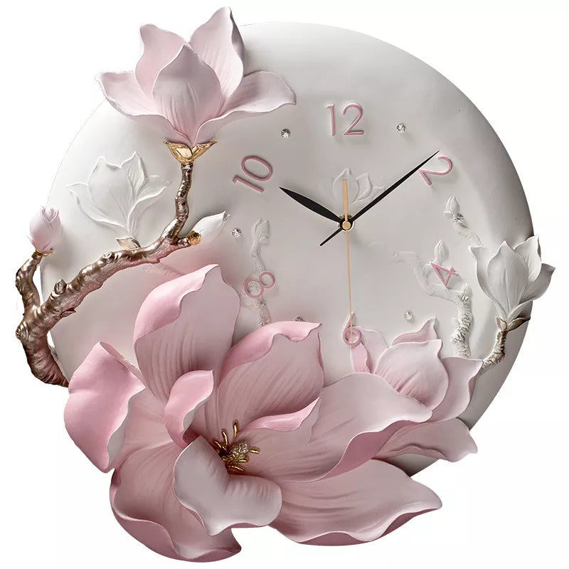 Large floral Wall Clock 17 inch Eco-friendly Resin Design Non-Ticking Silent Art Digital Wall Clocks for Living Room Decor