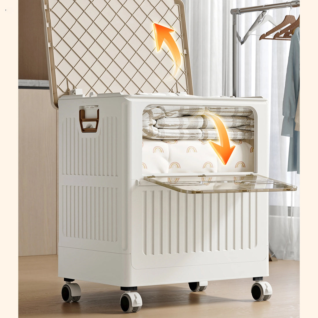Large Capacity Folding Storage Box for Toys, arge Capacity Foldable Front-Open Organizer with Wheels,  - Perfect for  Clothes, Toys, Plush Dolls, as Bedside Table & Wardrobe