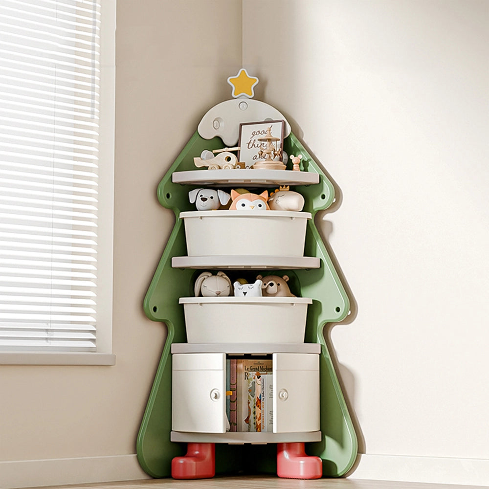 Christmas Tree Corner Bookshelf for Kids – Multi-Layer Storage Cabinet with Bins and Dustproof Door