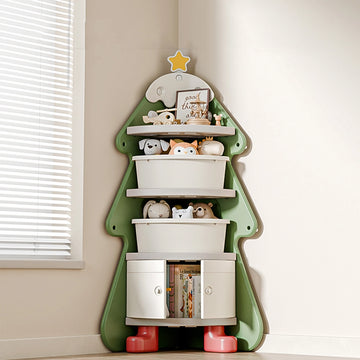 Christmas Tree Corner Bookshelf for Kids – Multi-Layer Storage Cabinet with Bins and Dustproof Door