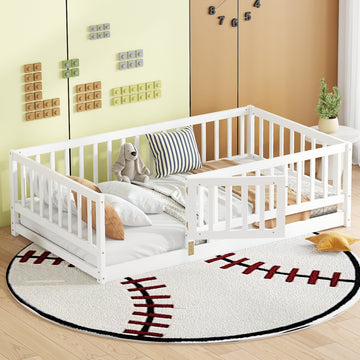 Twin Size Floor Bed with Slats, Montessori Floor Bed with Fence and Door, Kids Montessori Bed Twin Size, Wood Montessori Floor Bed for Kids, Girls, Boys(Twin White)Mattress not included