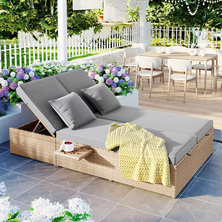 Versatile Outdoor Double Sunbed,Patio Wicker Rattan Reclining Chairs with Adjustable Backrest and Seat,for Porch Lawn Garden Backyard Poolside