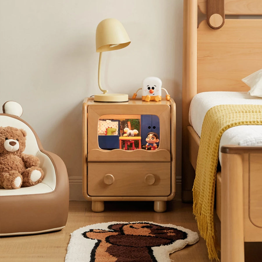 Solid Wood Children's Bedside Table Nightstand with Light Storage Cabinet