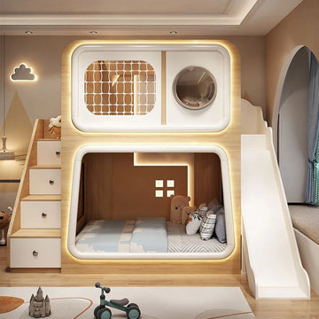 Childrens Bunk Beds, Toddler Bunk Beds Ladder Cabinet with Slide and Drawers, Mattress Space Capsule