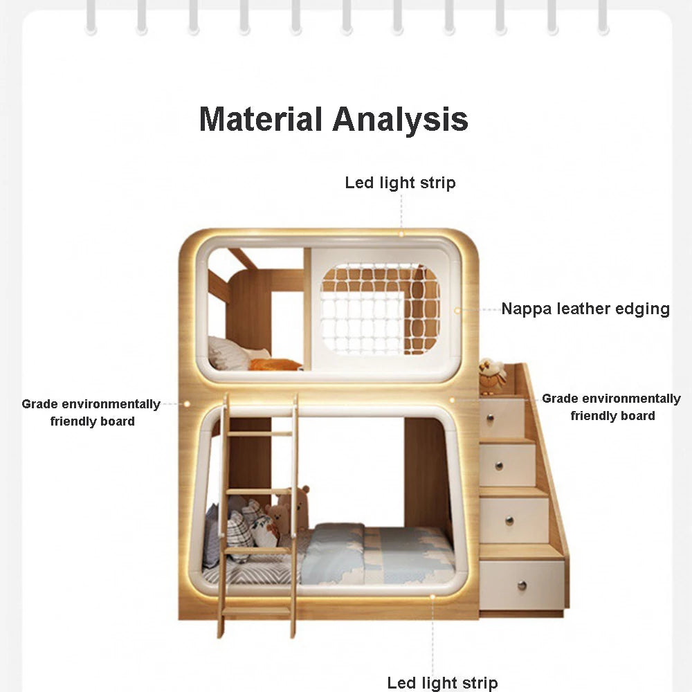 Childrens Bunk Beds, Toddler Bunk Beds Ladder Cabinet with Slide and Drawers, Mattress Space Capsule