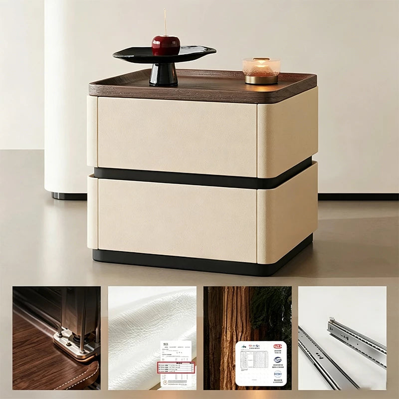 Modern 2-Drawer Nightstand with Hidden Handles & Silent Slides, Faux Leather Wrapped Wooden Bedside Table