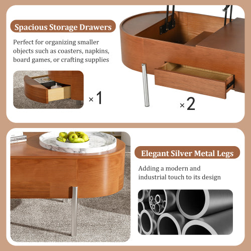 Coffee Table, Lift Top Coffee Tables for Living Room, Wooden Center Tables with Hidden Compartment and 360-degree Marble-Patterned Rotating Tray, 47.2'', (Brown)