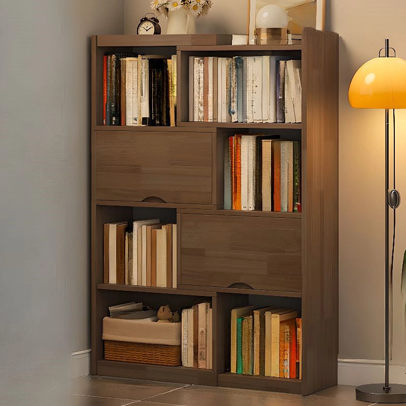 2 Doors Rubberwood Solids Multi-Functional Bookshelf, Retractable Design Solid Wood Bookcase, with 4-Tier, Wood Color, 43