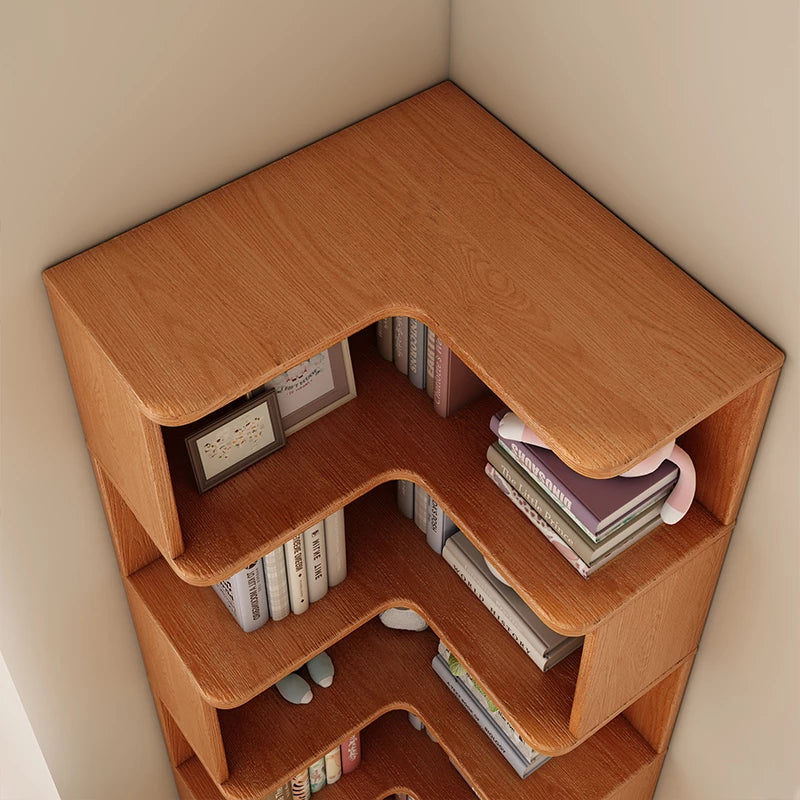 6 Layers Solid Wood Corner Bookshelf, Bookshelf with Corner White Shelf Bookcase Office Organizer Living Room, Wood Bookcase