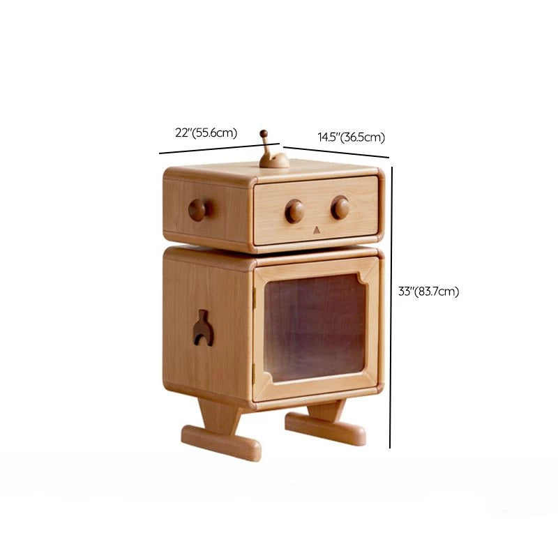 1 Shelf Timber Kids Nightstand with Built-in Outlet, Robot Night Side Table Lights, Cabinets, Cupboard, Compartment, Wood Color