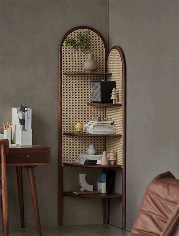 Retro Solid Wood & Rattan Multi-Tier Corner Bookshelf