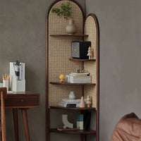 Retro Solid Wood & Rattan Multi-Tier Corner Bookshelf
