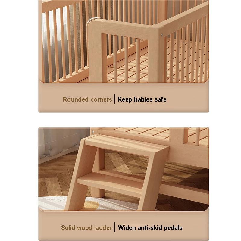 Modern Standard Natural Wood Crib Toddlerbed Infant Crib with Foldable Design and Twin Bed Rails - Crib & Tail Ladder