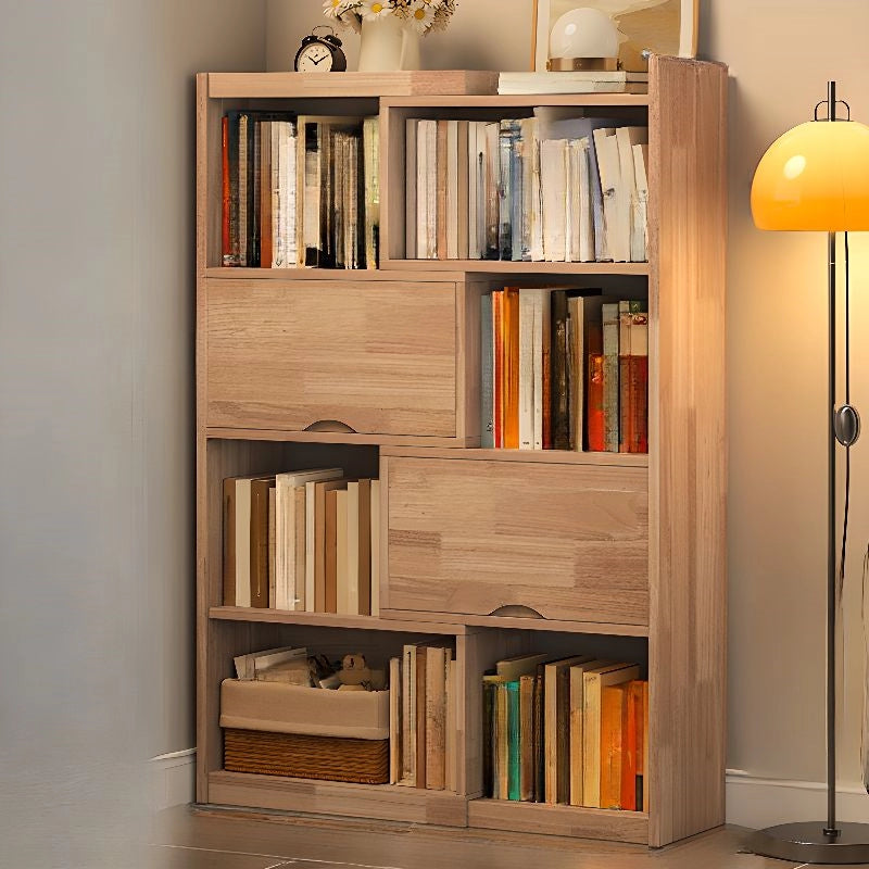 2 Doors Rubberwood Solids Multi-Functional Bookshelf, Retractable Design Solid Wood Bookcase, with 4-Tier, Wood Color, 43