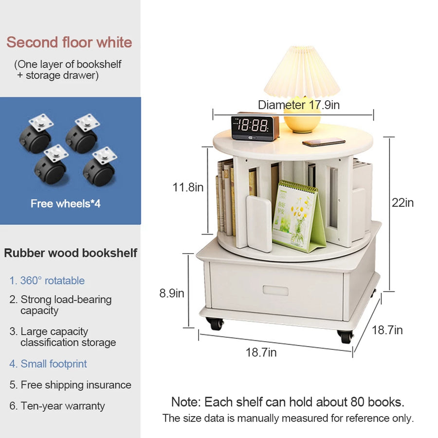 2-3 Tier Bookshelf Bookcase with a Drawer Bedside Spin Rotating Bookshelf with Wheels Book Storage Organizer for Bedroom Living Room Home Decoration Tool